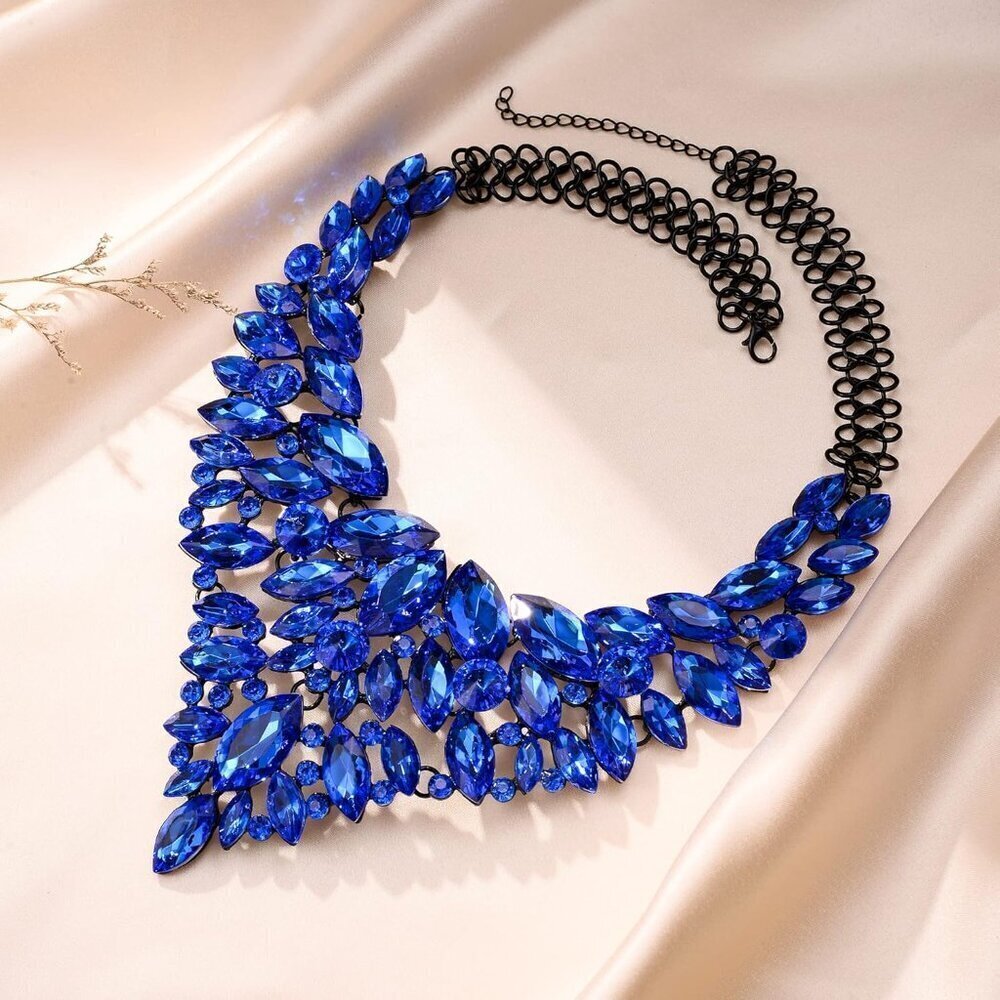 🆕 Women Blue Rhinestone Chunky Bib Collar Necklace Crystal Costume Jewelry Gift - Picture 7 of 8